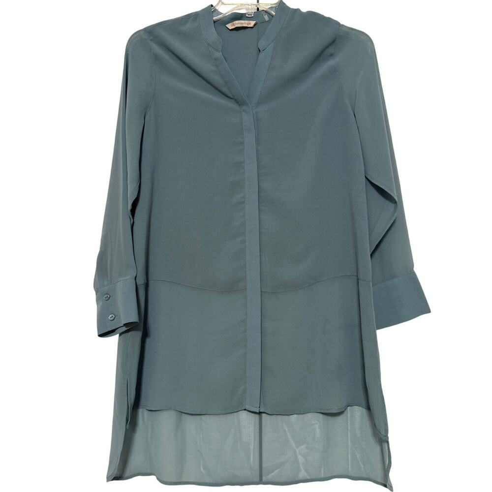 Soft Surroundings Sheer Blue Gray Long Button-Up Tunic Blouse, Size PS